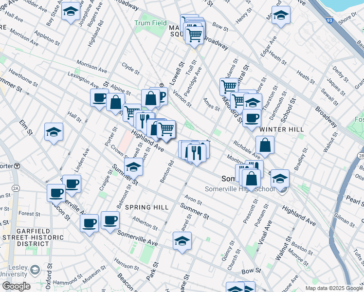 map of restaurants, bars, coffee shops, grocery stores, and more near 31 Hudson Street in Somerville