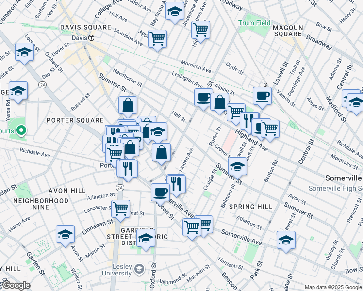 map of restaurants, bars, coffee shops, grocery stores, and more near 53 Cedar Street in Somerville