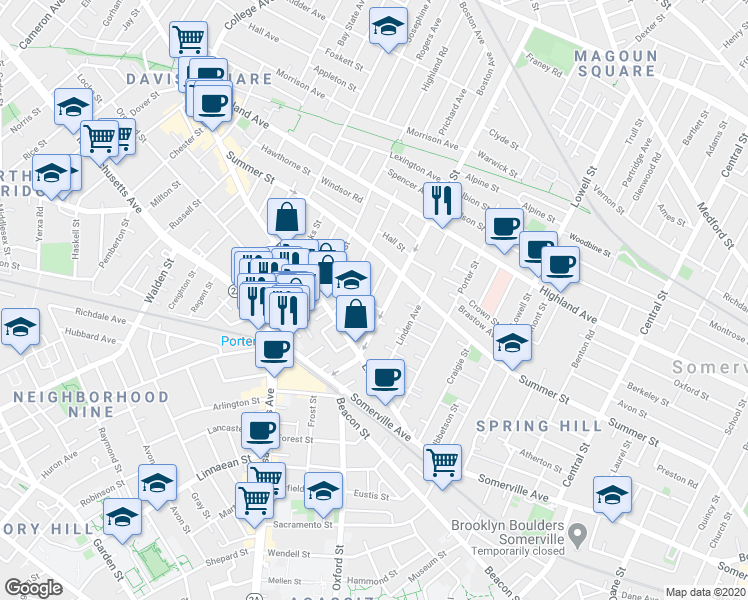 map of restaurants, bars, coffee shops, grocery stores, and more near 21 Ashland Street in Somerville