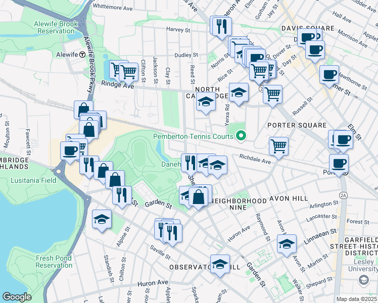 map of restaurants, bars, coffee shops, grocery stores, and more near 9C Bellis Circle in Cambridge