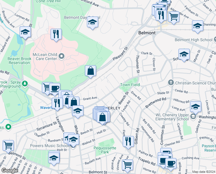 map of restaurants, bars, coffee shops, grocery stores, and more near 14 Pearl Street in Belmont
