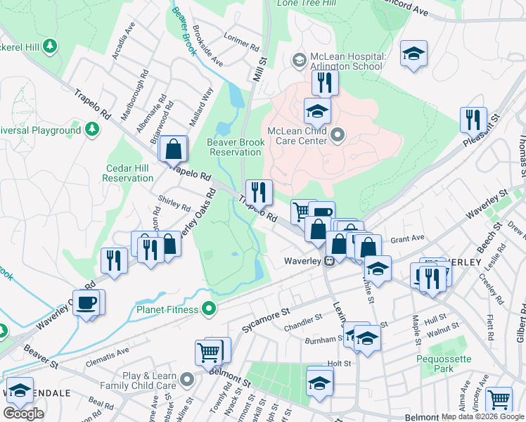 map of restaurants, bars, coffee shops, grocery stores, and more near 601 Trapelo Road in Belmont