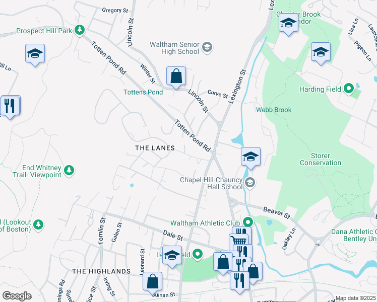 map of restaurants, bars, coffee shops, grocery stores, and more near 49 Worcester Lane in Waltham