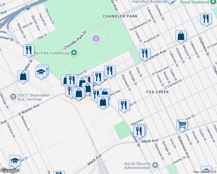 map of restaurants, bars, coffee shops, grocery stores, and more near 4885 Cope Street in Detroit