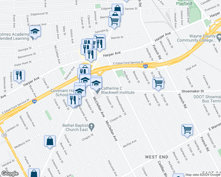 map of restaurants, bars, coffee shops, grocery stores, and more near 5949 Pennsylvania Street in Detroit