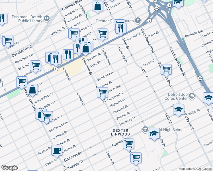 map of restaurants, bars, coffee shops, grocery stores, and more near 2510 Leslie Street in Detroit