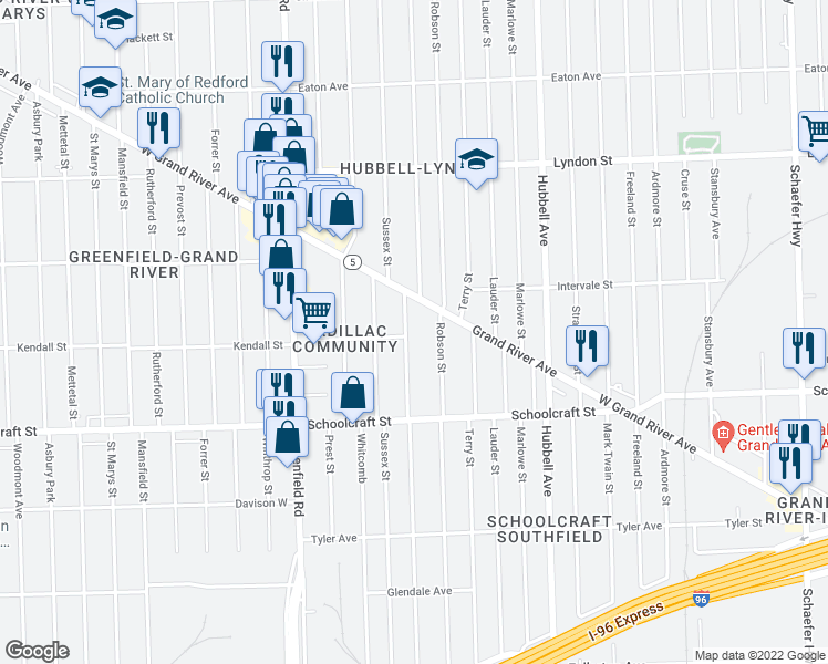 map of restaurants, bars, coffee shops, grocery stores, and more near 14085 Robson Street in Detroit