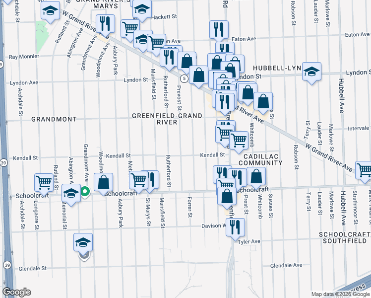 map of restaurants, bars, coffee shops, grocery stores, and more near 14144 Prevost Street in Detroit