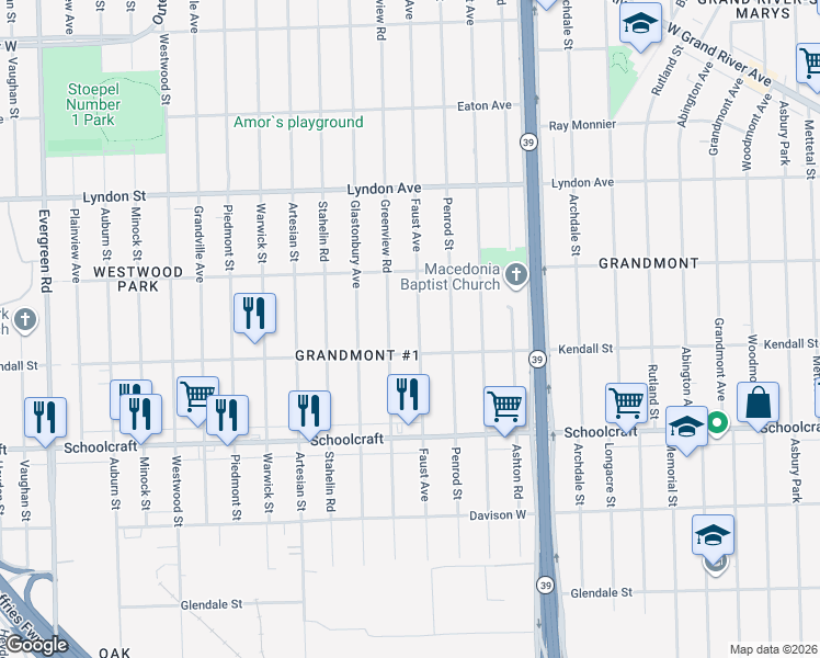 map of restaurants, bars, coffee shops, grocery stores, and more near 14175 Faust Avenue in Detroit