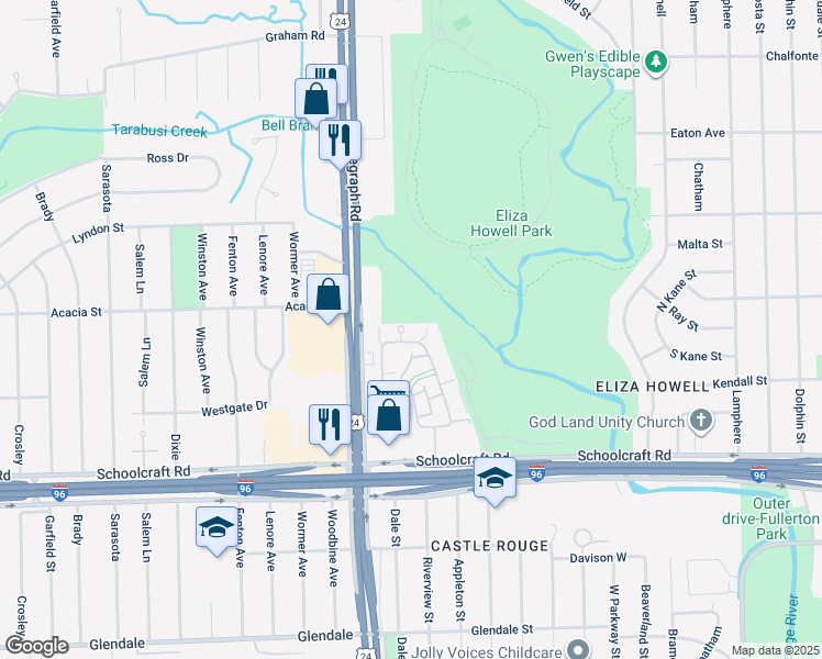 map of restaurants, bars, coffee shops, grocery stores, and more near 23600 Schoolcraft in Detroit
