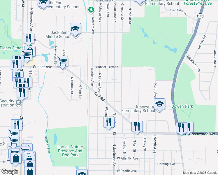 map of restaurants, bars, coffee shops, grocery stores, and more near 2046 Walnut Street in Waukegan