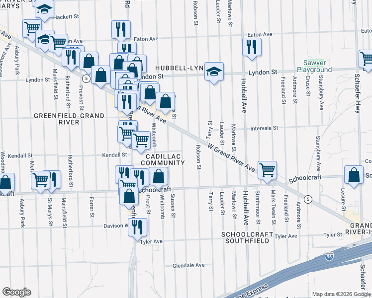 map of restaurants, bars, coffee shops, grocery stores, and more near 14085 Robson Street in Detroit