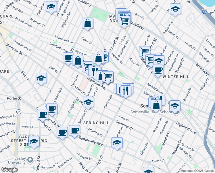 map of restaurants, bars, coffee shops, grocery stores, and more near 191 Highland Avenue in Somerville