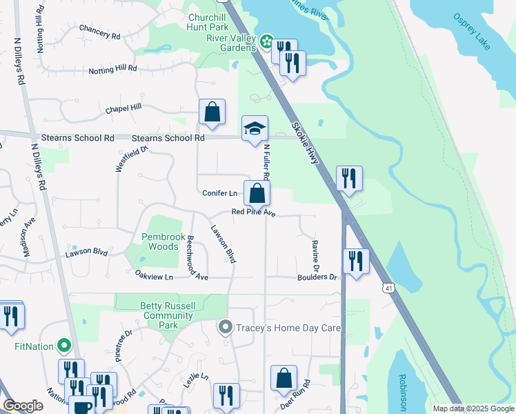 map of restaurants, bars, coffee shops, grocery stores, and more near 5120 Red Pine Avenue in Gurnee