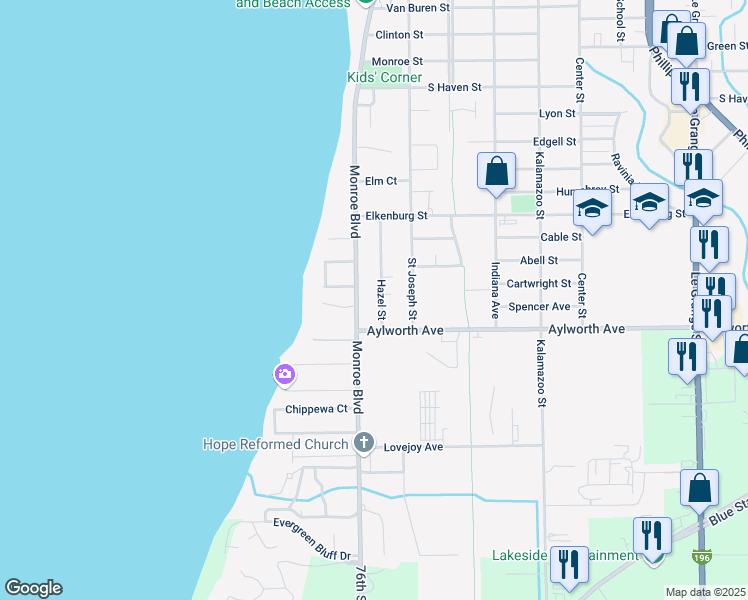 map of restaurants, bars, coffee shops, grocery stores, and more near 1056 Hazel Street in South Haven