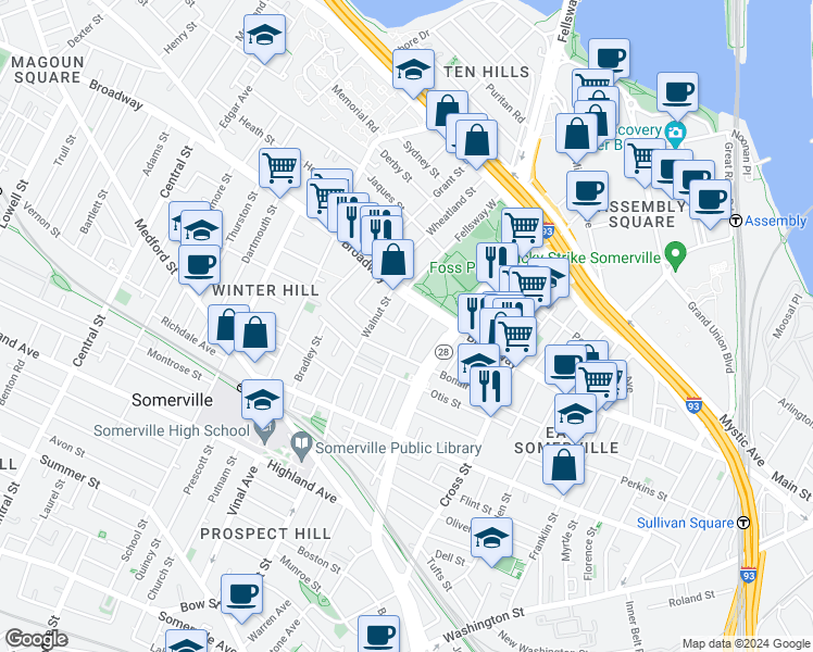 map of restaurants, bars, coffee shops, grocery stores, and more near 22 Wellington Avenue in Somerville