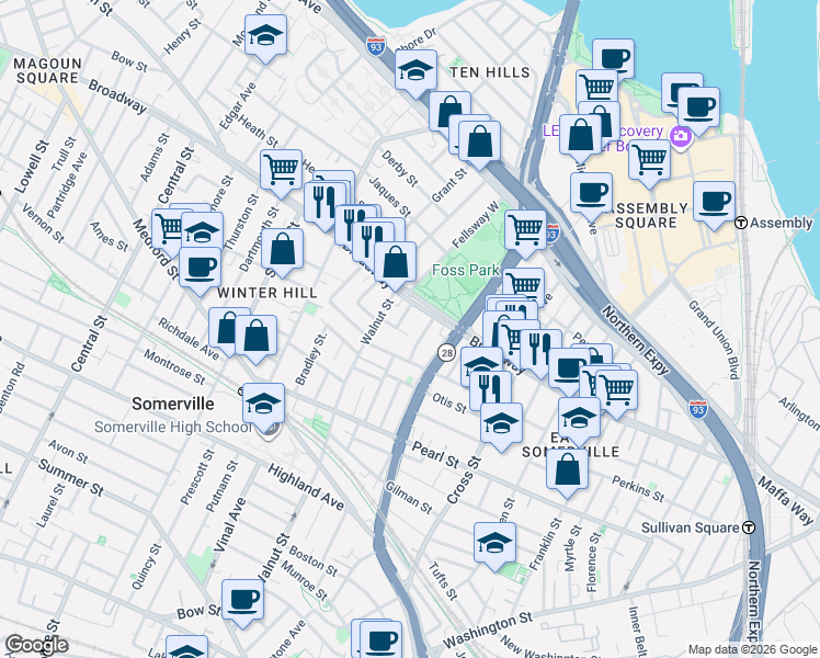 map of restaurants, bars, coffee shops, grocery stores, and more near 1 Melvin Street in Somerville