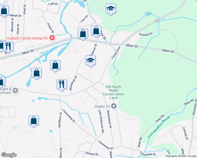 map of restaurants, bars, coffee shops, grocery stores, and more near 143 Forest Avenue in Hudson