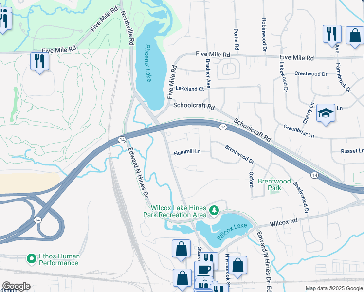 map of restaurants, bars, coffee shops, grocery stores, and more near 42584 Hammill Lane in Plymouth