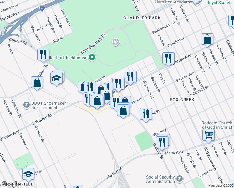 map of restaurants, bars, coffee shops, grocery stores, and more near 12324 East Warren Avenue in Detroit