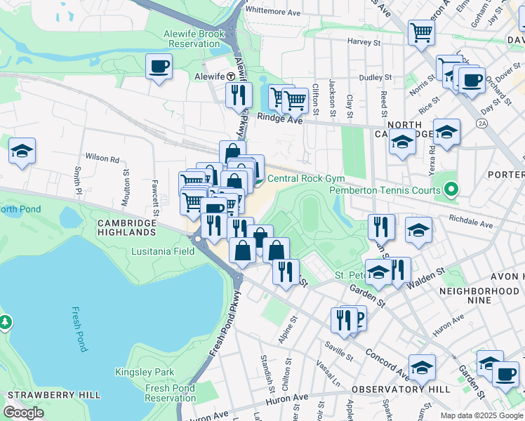 map of restaurants, bars, coffee shops, grocery stores, and more near 166 New Street in Cambridge