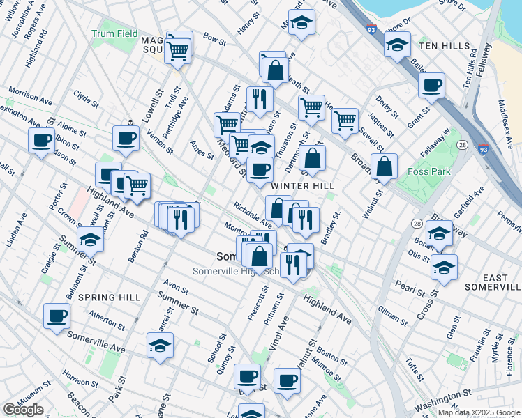 map of restaurants, bars, coffee shops, grocery stores, and more near 9 Thurston Street in Somerville