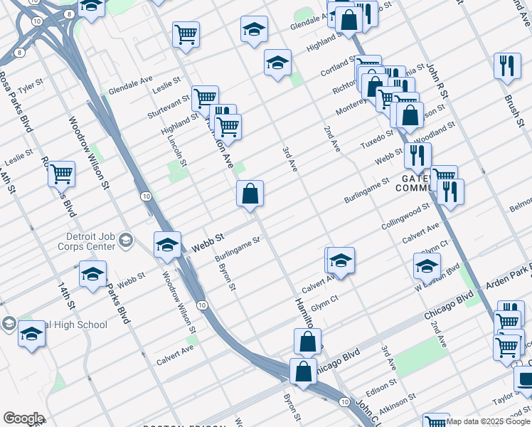 map of restaurants, bars, coffee shops, grocery stores, and more near 938 Webb Street in Detroit