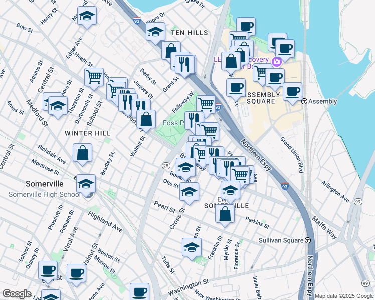 map of restaurants, bars, coffee shops, grocery stores, and more near 205 Broadway in Somerville