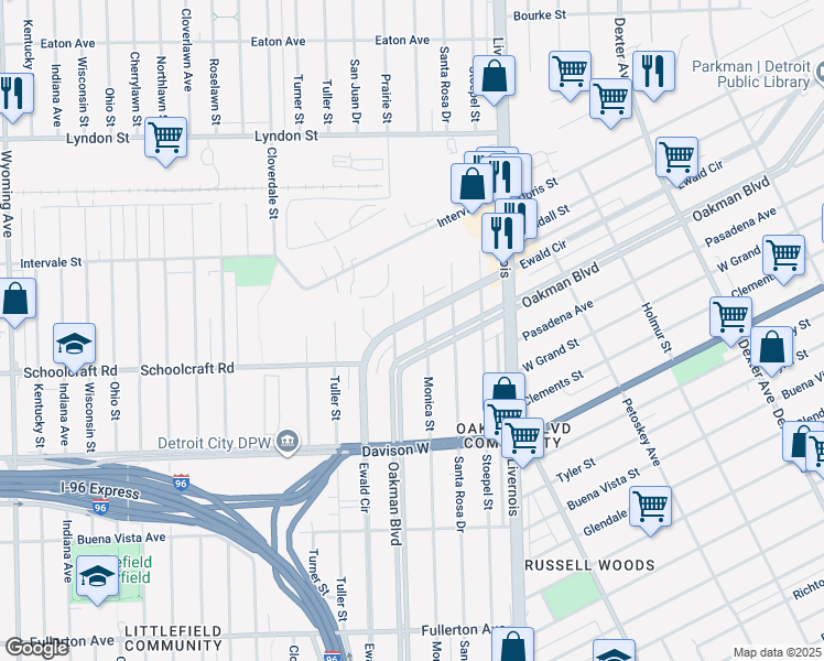 map of restaurants, bars, coffee shops, grocery stores, and more near 2723 Ewald Cir in Detroit