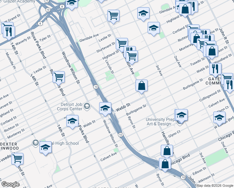 map of restaurants, bars, coffee shops, grocery stores, and more near 355 Elmhurst Street in Highland Park