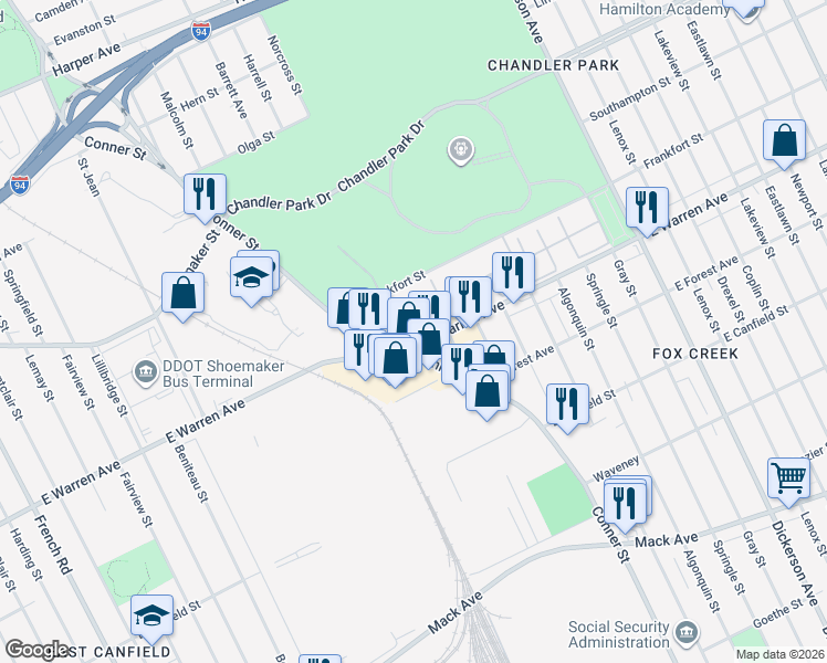 map of restaurants, bars, coffee shops, grocery stores, and more near 5000 Conner Street in Detroit