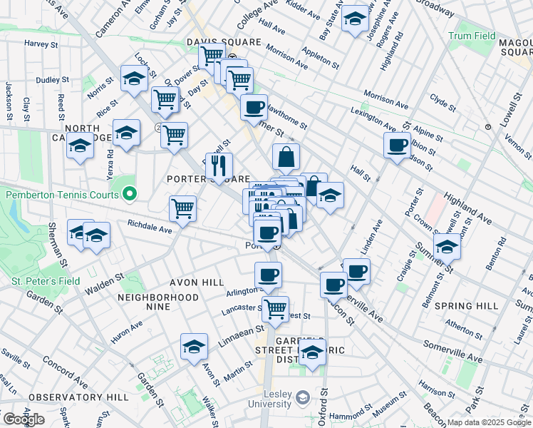 map of restaurants, bars, coffee shops, grocery stores, and more near 19 Davenport Street in Cambridge
