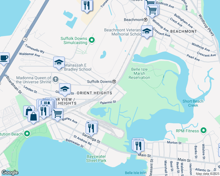 map of restaurants, bars, coffee shops, grocery stores, and more near 1222 Bennington Street in Boston