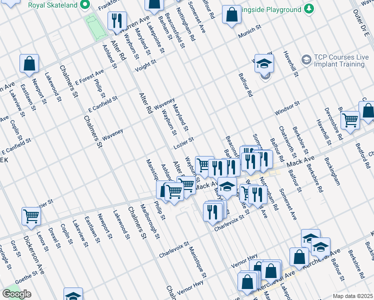 map of restaurants, bars, coffee shops, grocery stores, and more near 3683 Wayburn Street in Detroit