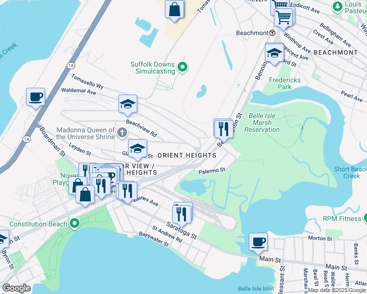 map of restaurants, bars, coffee shops, grocery stores, and more near 42 Orient Avenue in Boston