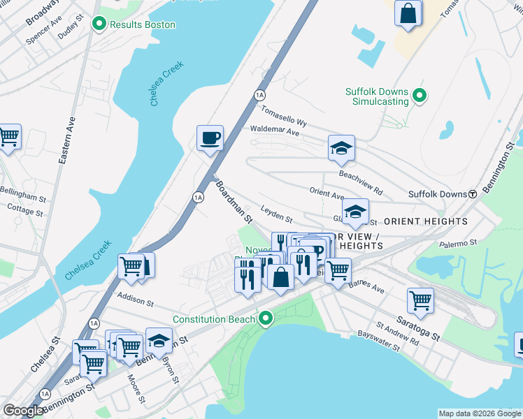 map of restaurants, bars, coffee shops, grocery stores, and more near 60 Leyden Street in Boston