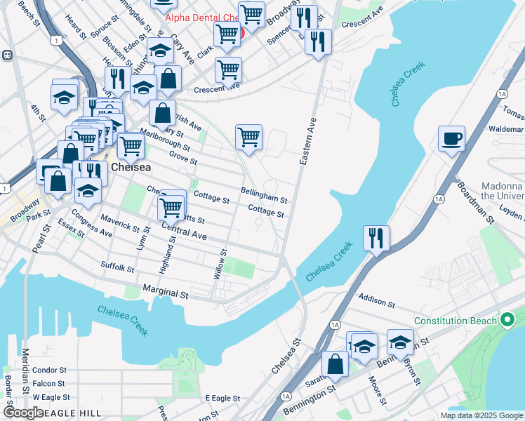 map of restaurants, bars, coffee shops, grocery stores, and more near 170 Cottage Street in Chelsea