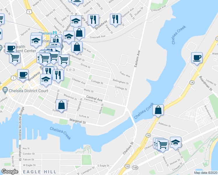 map of restaurants, bars, coffee shops, grocery stores, and more near 131 Cottage Street in Chelsea