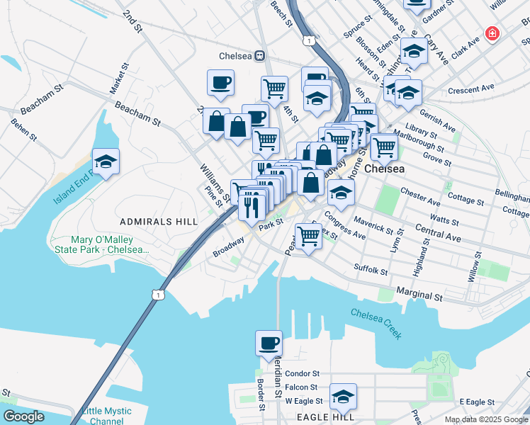 map of restaurants, bars, coffee shops, grocery stores, and more near 59 Cherry Street in Chelsea