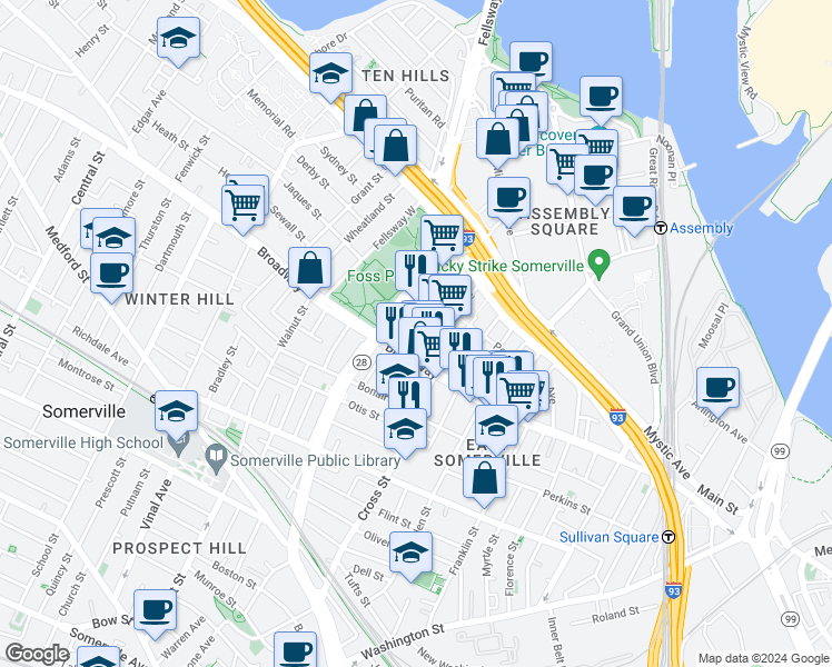 map of restaurants, bars, coffee shops, grocery stores, and more near 17 Kensington Avenue in Somerville