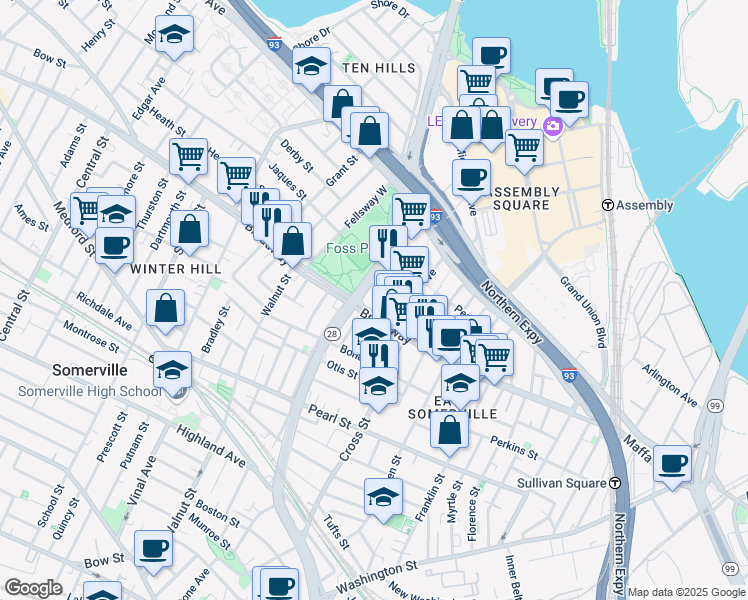 map of restaurants, bars, coffee shops, grocery stores, and more near 205 Broadway in Somerville