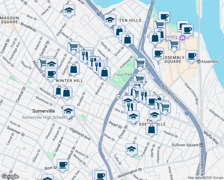 map of restaurants, bars, coffee shops, grocery stores, and more near 1 Melvin Street in Somerville