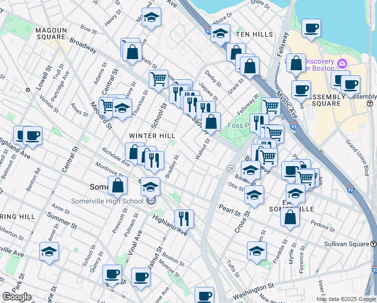 map of restaurants, bars, coffee shops, grocery stores, and more near 47 Sargent Avenue in Somerville