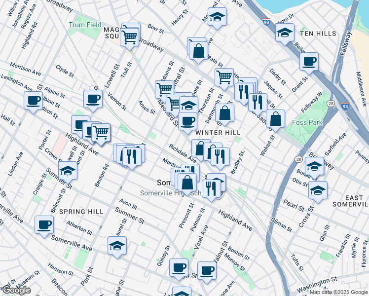 map of restaurants, bars, coffee shops, grocery stores, and more near 9 Thurston Street in Somerville