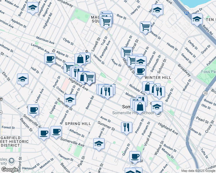 map of restaurants, bars, coffee shops, grocery stores, and more near 7 Albion Street in Somerville