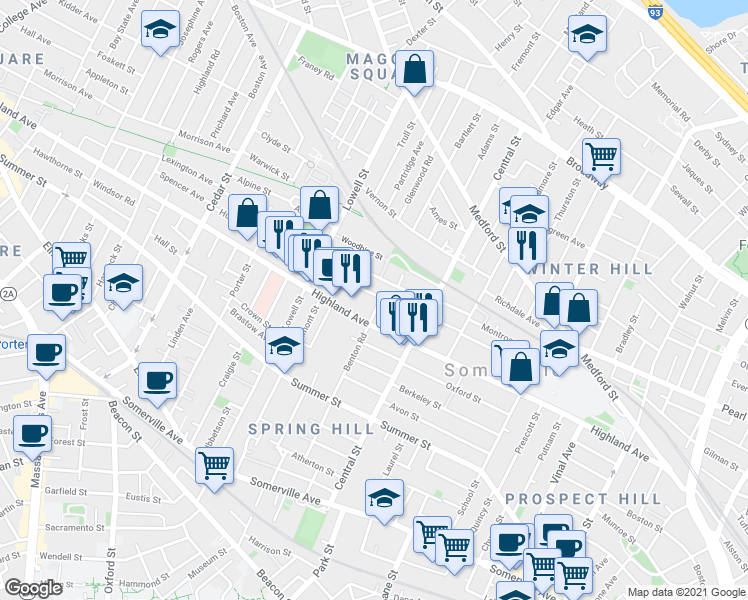 map of restaurants, bars, coffee shops, grocery stores, and more near 31 Hudson Street in Somerville