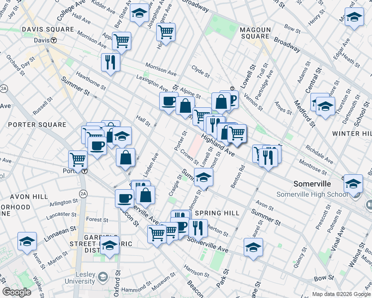 map of restaurants, bars, coffee shops, grocery stores, and more near 29 Crocker Street in Somerville