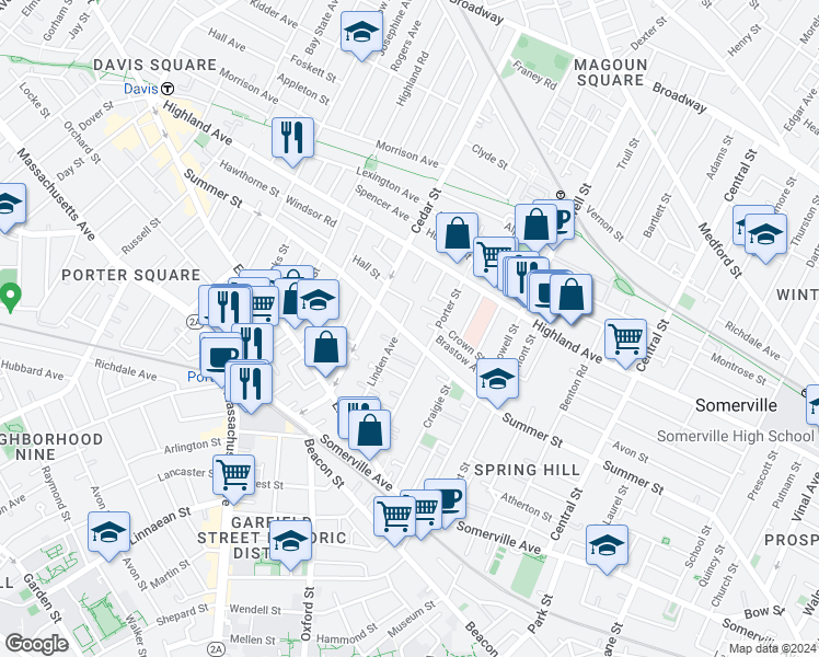 map of restaurants, bars, coffee shops, grocery stores, and more near 9 Porter Avenue in Somerville