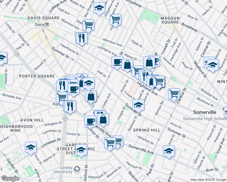 map of restaurants, bars, coffee shops, grocery stores, and more near 9 Porter Avenue in Somerville