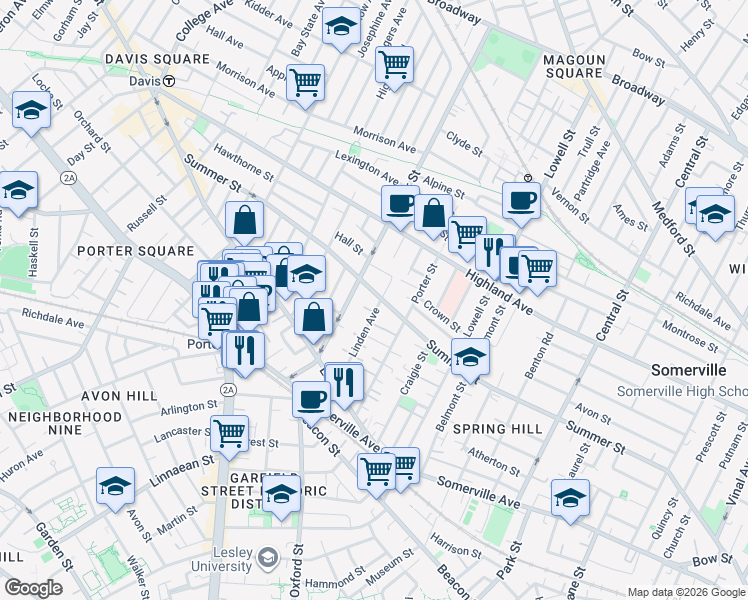 map of restaurants, bars, coffee shops, grocery stores, and more near 53 Cedar Street in Somerville